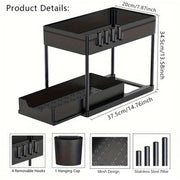 2-Tier Under Sink Sliding Organizer – 5 Hooks & 3 Detachable Baskets, Rust-Resistant Metal, Tool-Free Assembly