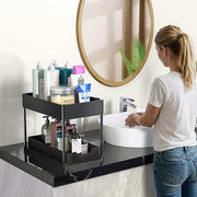 2-Tier Under Sink Sliding Organizer – 5 Hooks & 3 Detachable Baskets, Rust-Resistant Metal, Tool-Free Assembly