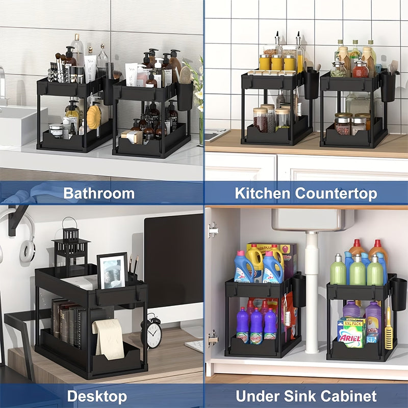 2-Tier Under Sink Sliding Organizer – 5 Hooks & 3 Detachable Baskets, Rust-Resistant Metal, Tool-Free Assembly