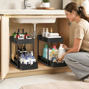 2-Tier Under Sink Sliding Organizer – 5 Hooks & 3 Detachable Baskets, Rust-Resistant Metal, Tool-Free Assembly