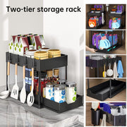 2-Tier Under Sink Sliding Organizer – 5 Hooks & 3 Detachable Baskets, Rust-Resistant Metal, Tool-Free Assembly